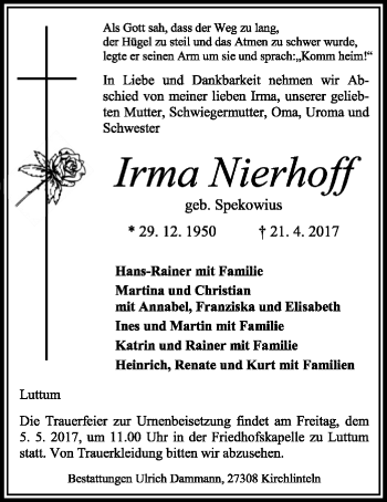 Traueranzeige von Irma Nierhoff von SYK