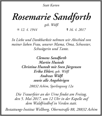 Traueranzeige von Rosemarie Sandforth von SYK