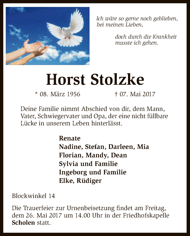  Traueranzeige für Horst Stolzke vom 20.05.2017 aus SYK
