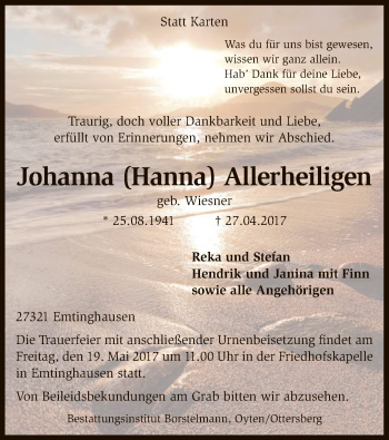 Traueranzeige von Johanna Allerheiligen von SYK