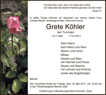 Traueranzeige von Grete Köhler
