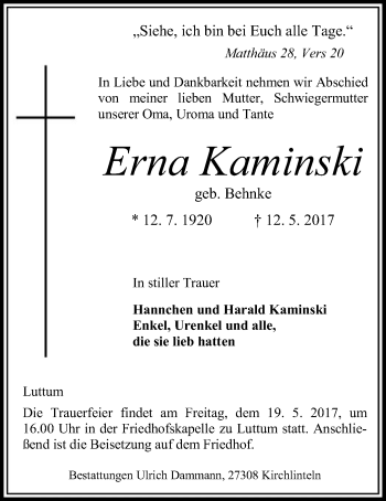 Traueranzeige von Erna Kaminski von SYK