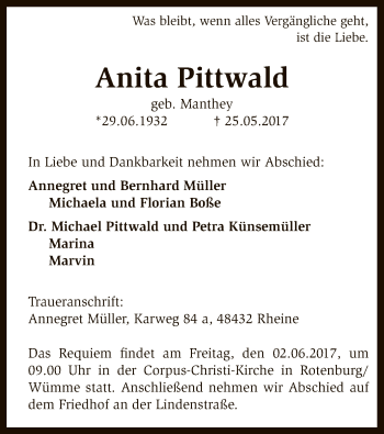 Traueranzeige von Anita Pittwald von SYK