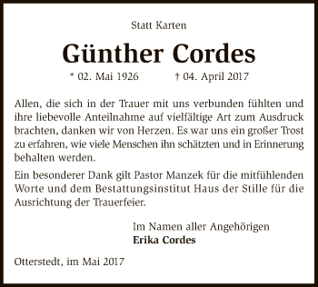 Traueranzeige von Günther Cordes von SYK