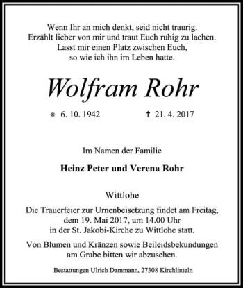 Traueranzeige von Wolfram Rohr von SYK