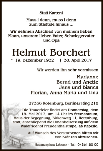 Traueranzeige von Helmut Borchert von SYK