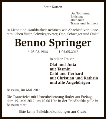 Traueranzeige von Benno Springer von SYK