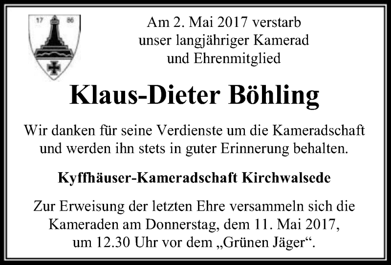  Traueranzeige für Klaus-Dieter Böhling vom 08.05.2017 aus SYK