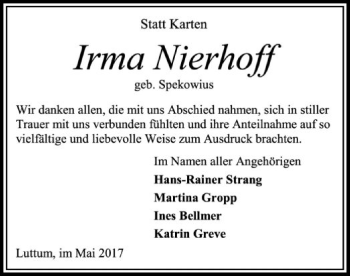 Traueranzeige von Irma Nierhoff von SYK