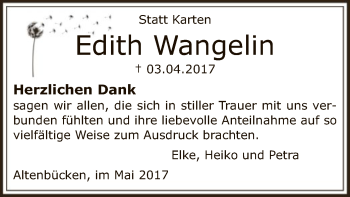 Traueranzeige von Edith Wangelin von SYK