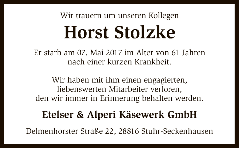  Traueranzeige für Horst Stolzke vom 26.05.2017 aus SYK