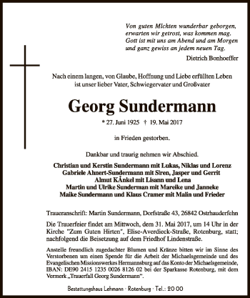 Traueranzeige von Georg Sundermann von SYK