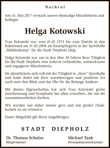 Traueranzeige von Helga Kotowski von SYK