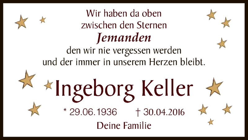  Traueranzeige für Ingeborg Keller vom 29.04.2017 aus SYK
