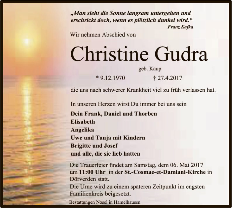  Traueranzeige für Christine Gudra vom 03.05.2017 aus SYK