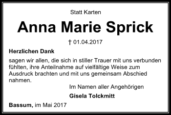 Traueranzeige von Anna Marie Sprick von SYK