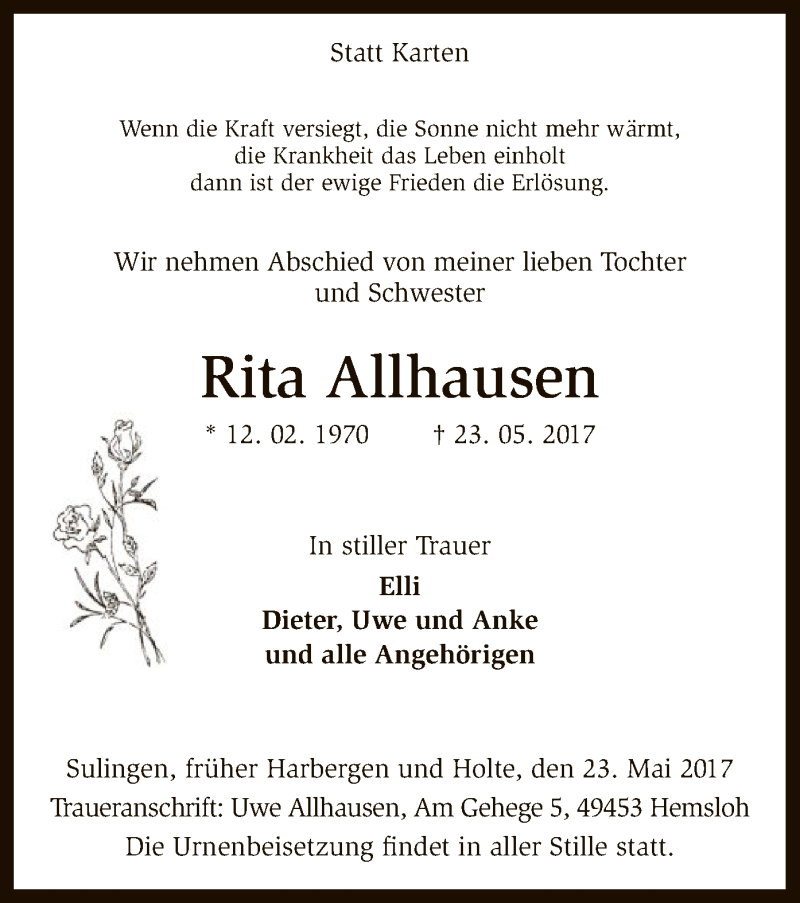  Traueranzeige für Rita Allhausen vom 27.05.2017 aus SYK