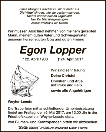 Traueranzeige von Egon Lopper von SYK