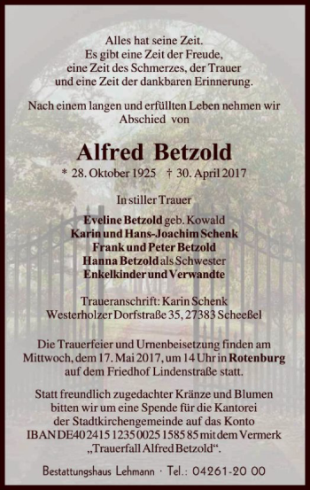 Traueranzeige von Alfred Betzold von SYK