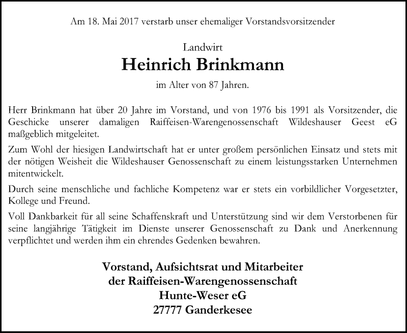  Traueranzeige für Heinrich Brinkmann vom 20.05.2017 aus SYK