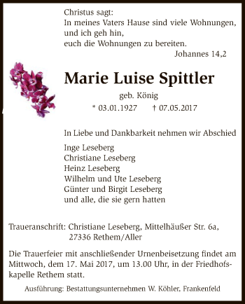 Traueranzeige von Marie Luise Spittler von SYK