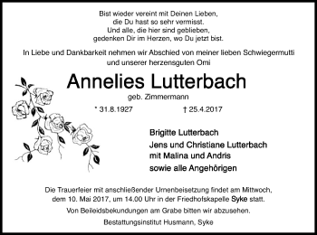Traueranzeige von Annelies Lutterbach