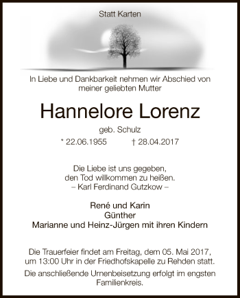 Traueranzeige von Hannelore Lorenz von SYK