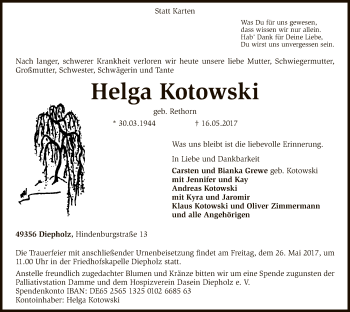 Traueranzeige von Helga Kotowski von SYK