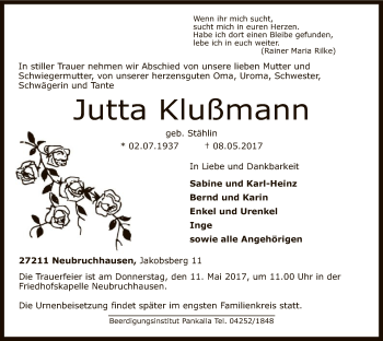 Traueranzeige von Jutta Klußmann von SYK