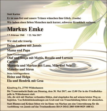 Traueranzeige von Markus Emke von SYK