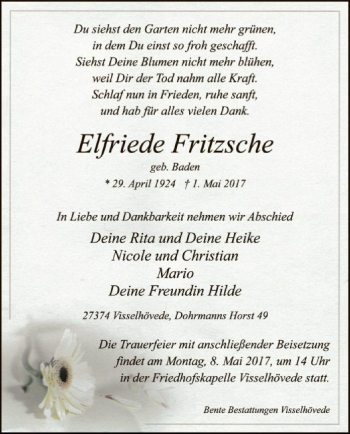 Traueranzeige von Elfriede Fritzsche von SYK