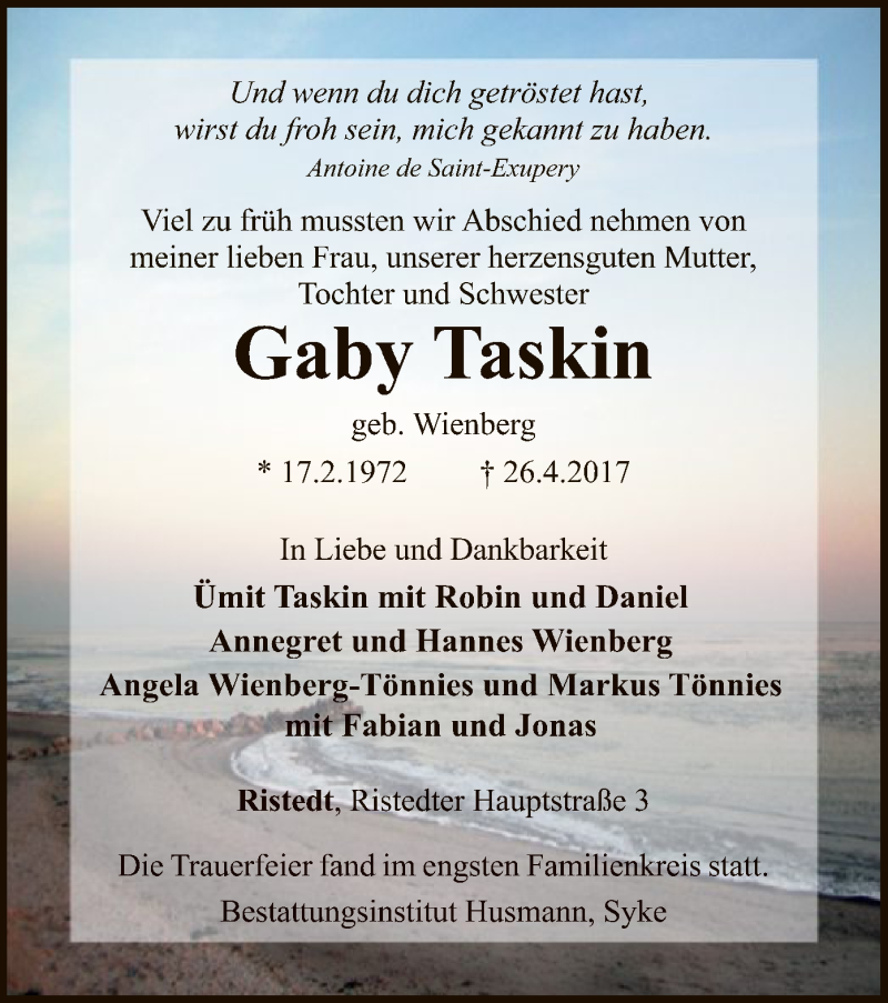  Traueranzeige für Gaby Taskin vom 05.05.2017 aus SYK