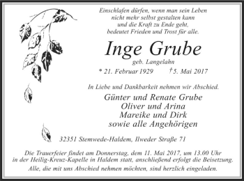 Traueranzeige von Inge Grube von SYK