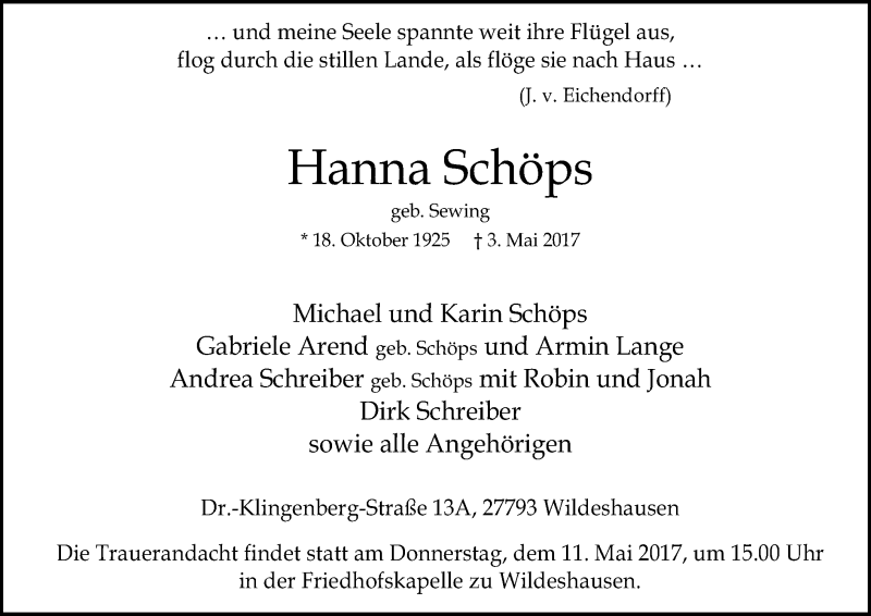  Traueranzeige für Hanna Schöps vom 06.05.2017 aus SYK