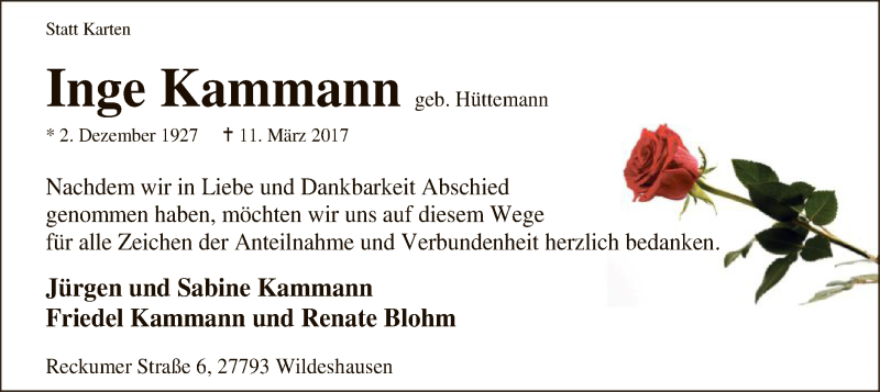  Traueranzeige für Inge Kammann vom 29.04.2017 aus SYK