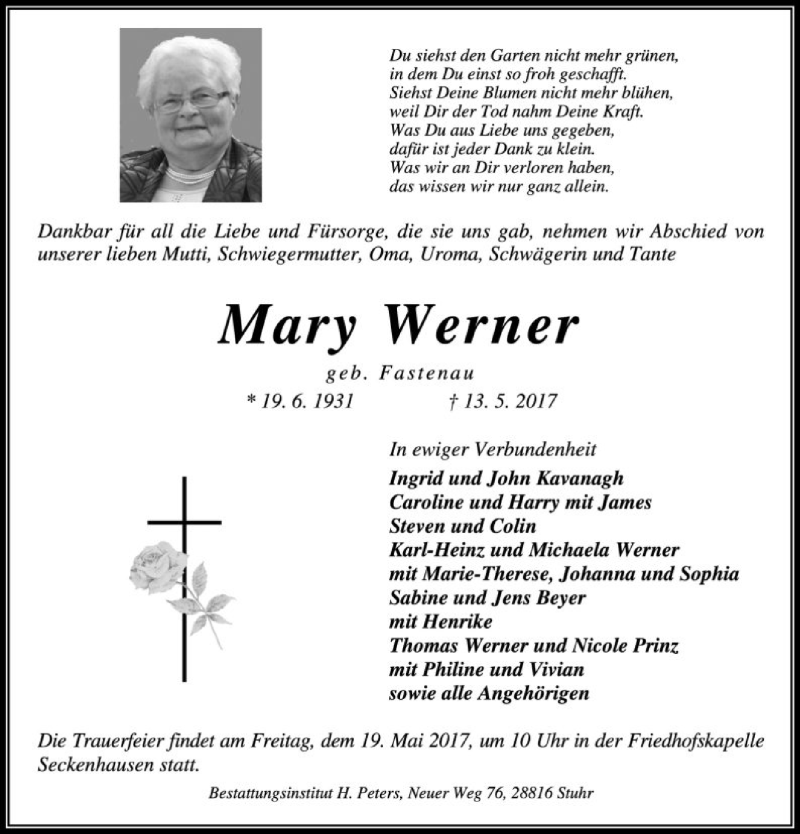  Traueranzeige für Mary Werner vom 17.05.2017 aus SYK