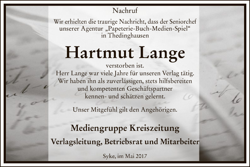  Traueranzeige für Hartmut Lange vom 24.05.2017 aus SYK