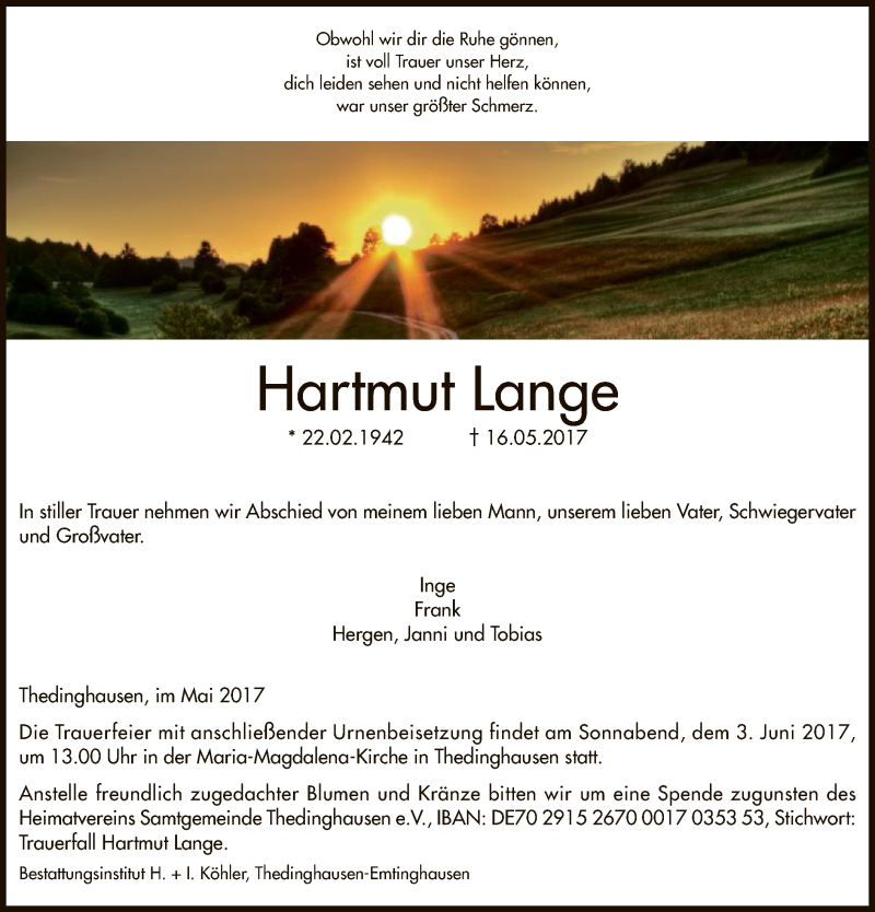  Traueranzeige für Hartmut Lange vom 24.05.2017 aus SYK