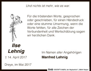 Traueranzeige von Ilse Lehnig von SYK