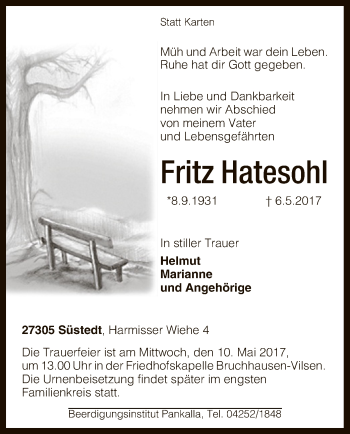 Traueranzeige von Fritz Hatesohl von SYK