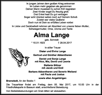 Traueranzeige von Alma Lange von SYK