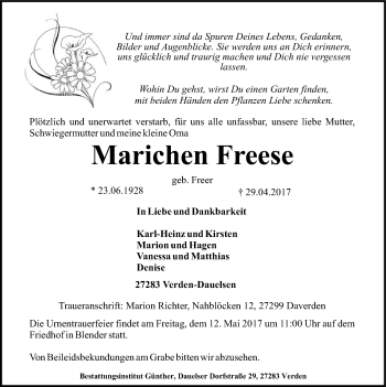 Traueranzeige von Marichen Freese von SYK