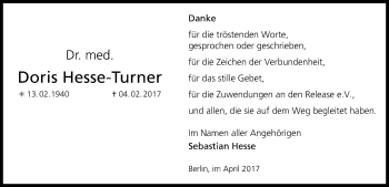 Traueranzeige von Doris Hesse-Turner von SYK