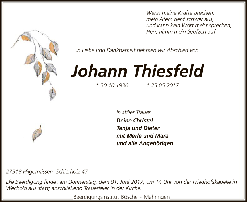  Traueranzeige für Johann Thiesfeld vom 29.05.2017 aus SYK