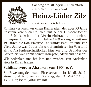 Traueranzeige von Heinz-Lüder Zilz von SYK