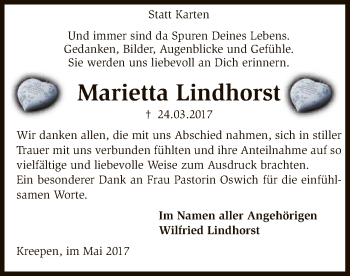 Traueranzeige von Marietta Lindhorst von SYK