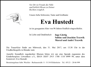 Traueranzeige von Eva Hustedt von SYK