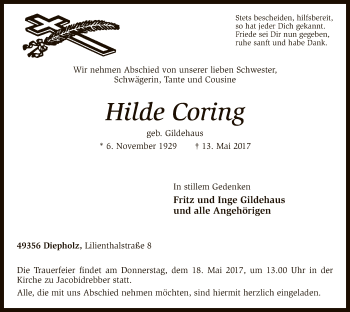 Traueranzeige von Hilde Coring von SYK