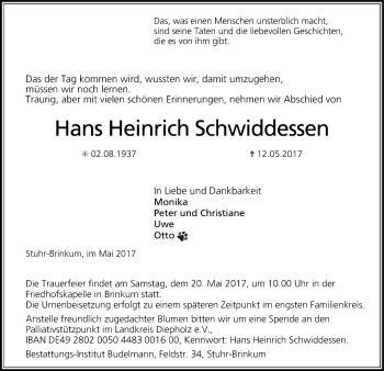 Traueranzeige von Hans Heinrich Schwiddessen von SYK