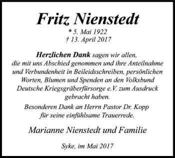 Traueranzeige von Fritz Nienstedt